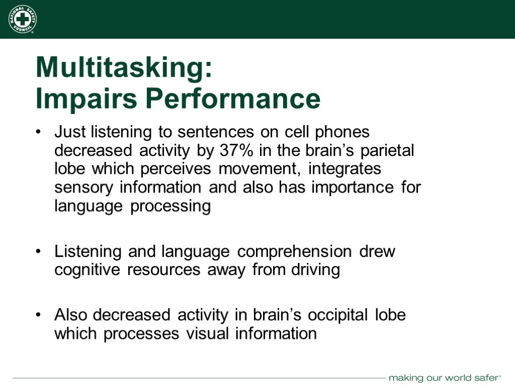 Multitasking: Impairs Performance Just listening to sentences on cell phones decreased activity by 37%